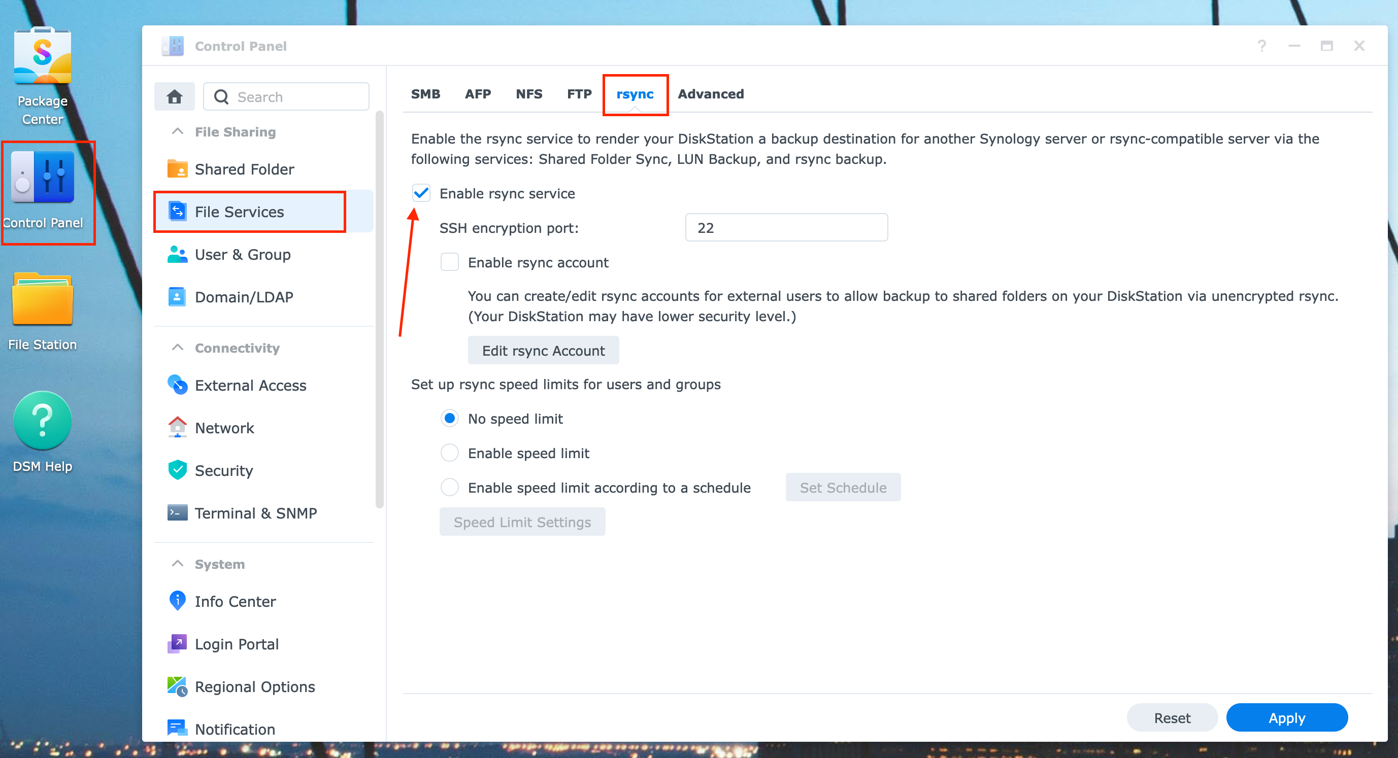 enable-rsync-synology